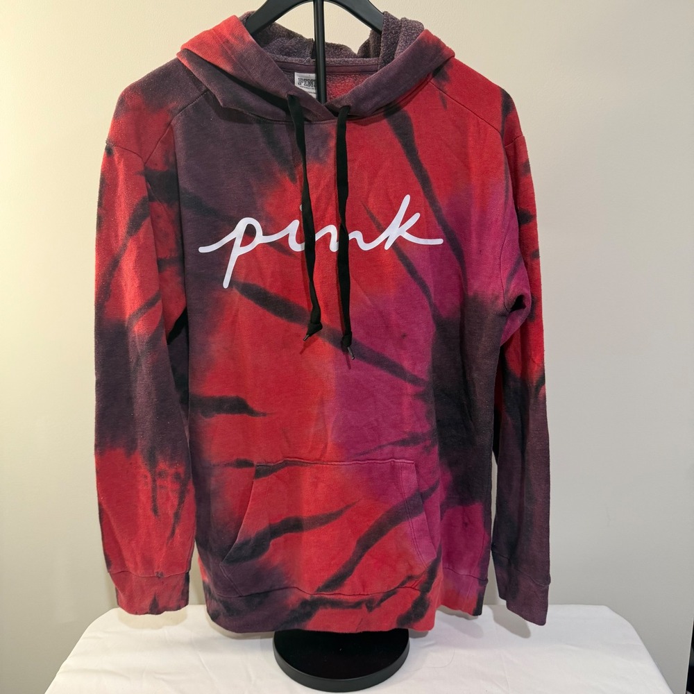 Victoria's Secret PINK Red Tie Dye Script Logo Hoodie Sweatshirt Small NWT